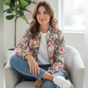 ☀️LaBellum by Hillary Scott Floral Bird Chiffon Zip Jacket Size Small NWT